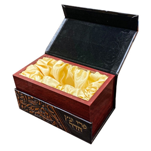 קופסא לאתרוג עץ ודמוי עור עם ידית מתכת דגם עלים 12X20X1