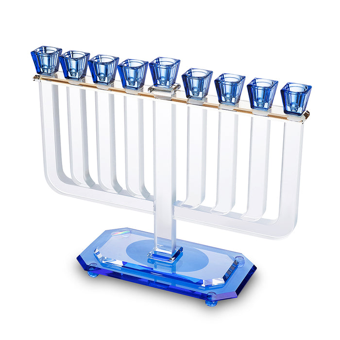 חנוכייה קריסטל מהודרת 32x35 ס"מ - שקוף וכחול