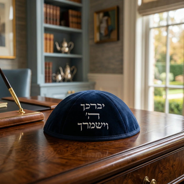 כיפת אולטרה סוויד עם רקמת "יברכך ה' וישמרך" - כחול כהה ומקום לסיכה