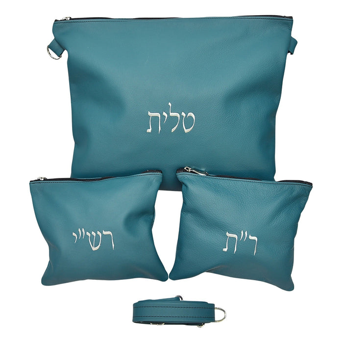 סט תיקי עור אמיתי לטלית ותפילין דגם חב"ד עם רצועה