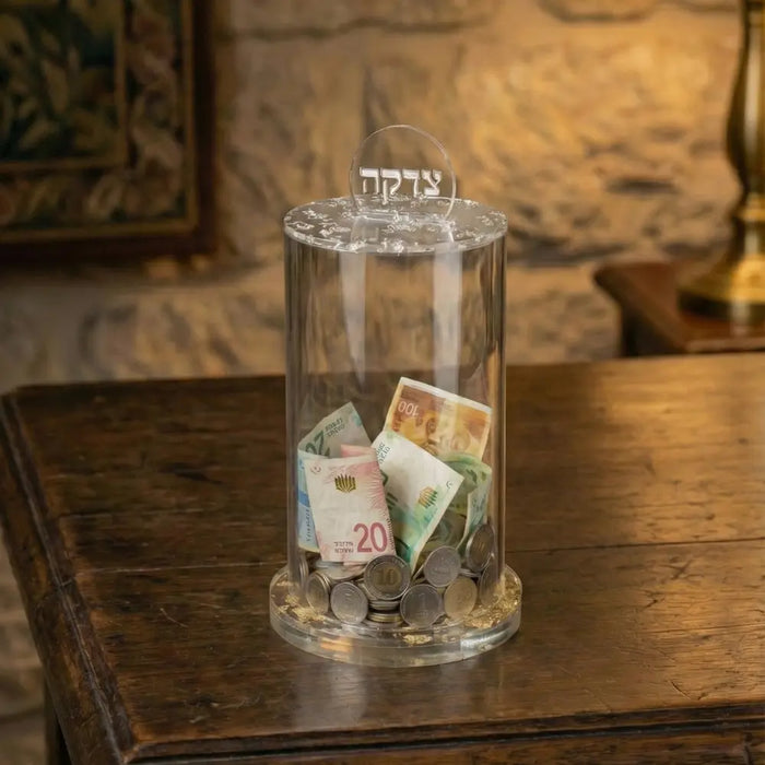 קופת צדקה מפרספקס כסף נצנץ 16*10 ס"מ