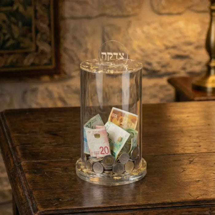 קופת צדקה מפרספקס זהב נצנץ 16*10 ס"מ