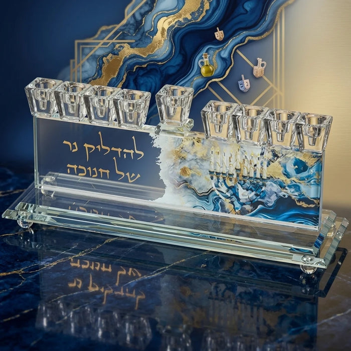 חנוכיית קריסטל מהודרת 15x32 ס"מ – עיטור כחול-זהב