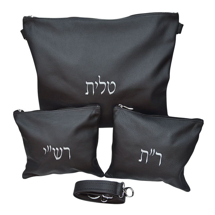 סט תיק לטלית ותפילין רש”י ור”ת עור אמיתי, צבע שחור