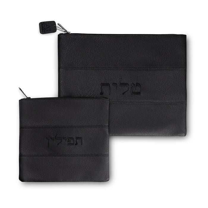 סט טלית תפילין דמוי עור שחור עם ריקמה 36X29 ס"מ