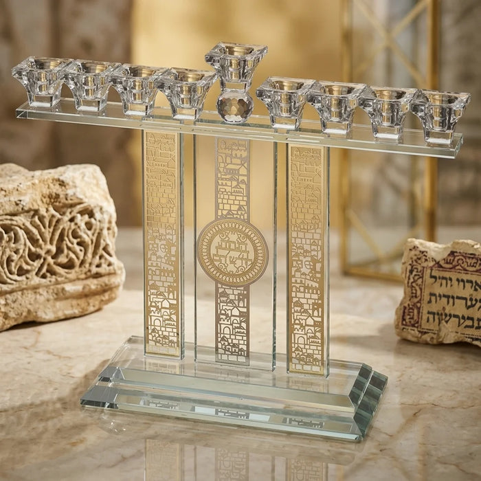 חנוכיית קריסטל גדולה 36x27 ס"מ – דגם 3 עמודים בעיטור ירושלים