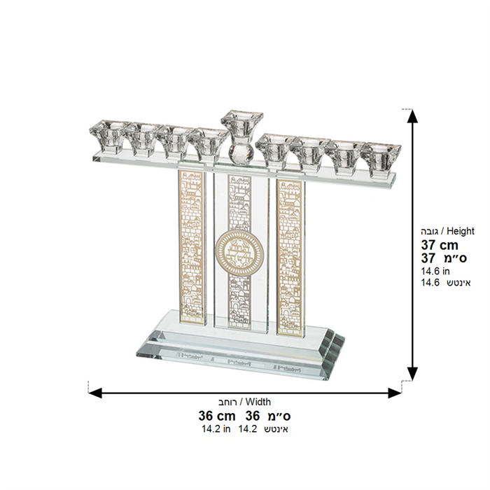 חנוכיית קריסטל גדולה 36x27 ס"מ – דגם 3 עמודים בעיטור ירושלים