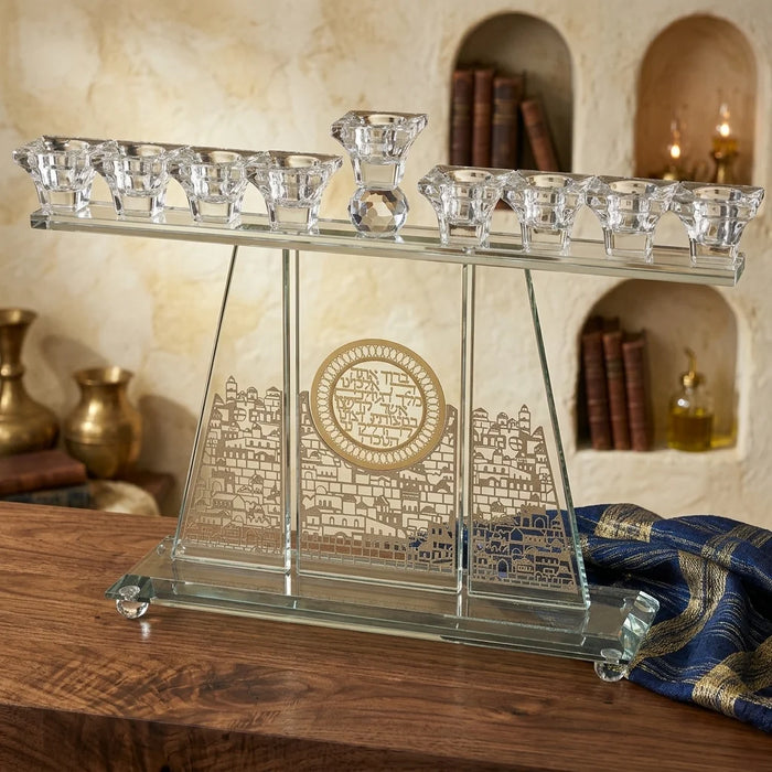 חנוכיית קריסטל מהודרת 36x27 ס"מ – עיטור חומות ירושלים