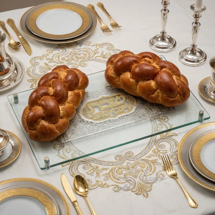 מגש חלה מהודר מזכוכית עם פלקטה "עיטורים" 30*44
