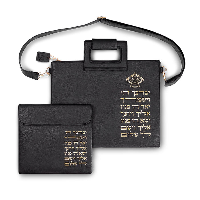 תיק מפואר לטלית דמוי עור שחור אותיות בולטות 38x31 ס"מ