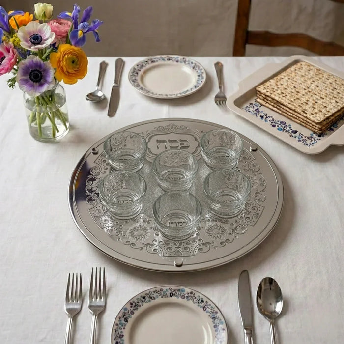 מגש פסח זכוכית מהודר עם 6 בומצים 36 ס"מ