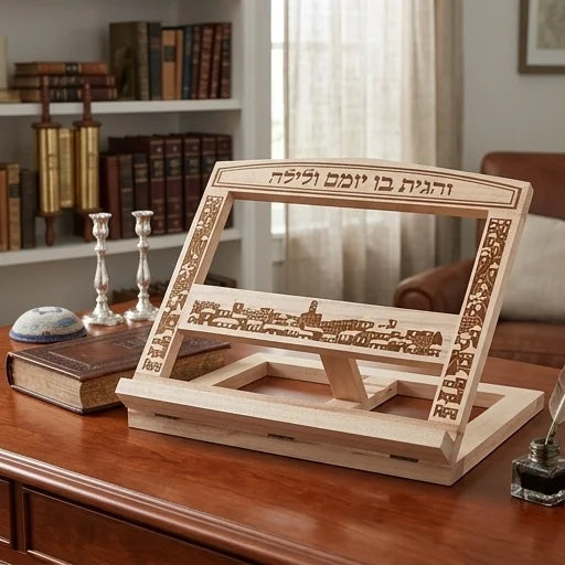 סטנדר עץ שולחני מתקפל 25x33 ס"מ – חריטת "והגית בו יומם ולילה" ועיטורי ירושלים