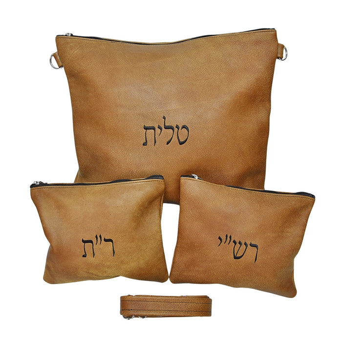 סט תיק לטלית ותפילין רש”י ור”ת עור אמיתי, צבע חום טבעי מגורען