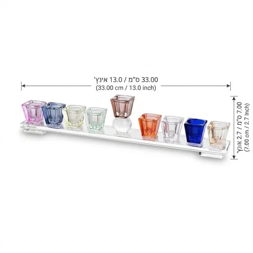 חנוכיית קריסטל צבעונית 7x33 ס"מ – גביעים מרובעים בעיצוב מודרני ובסיס שקוף