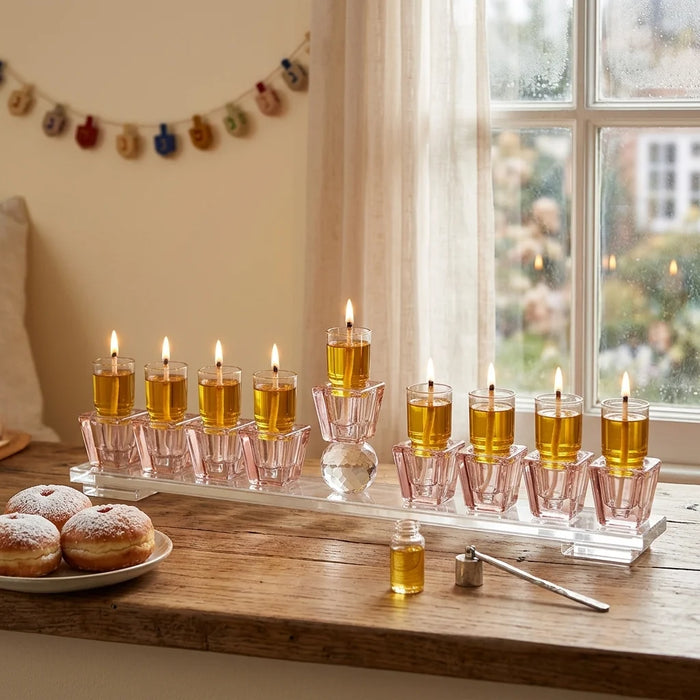 חנוכיית קריסטל רוז גולד 7x33 ס"מ – גביעים מרובעים בעיצוב מודרני ובסיס שקוף