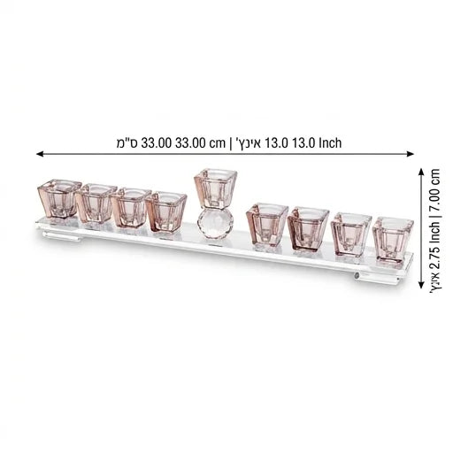 חנוכיית קריסטל רוז גולד 7x33 ס"מ – גביעים מרובעים בעיצוב מודרני ובסיס שקוף