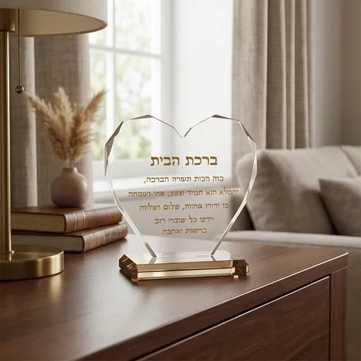 לב קריסטל "ברכת הבית" 21x21 ס"מ – קריסטל זכוכית בגימור זהב מבריק