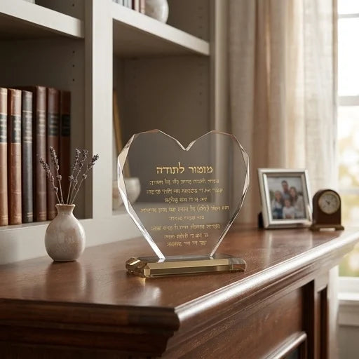 מעמד קריסטל יוקרתי בצורת לב 21x21 ס"מ – חריטת "מזמור לתודה" באותיות זהב