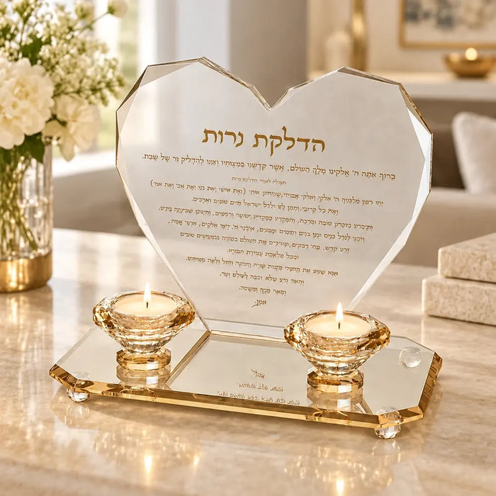 מעמד קריסטל יוקרתי בצורת לב 21x24 ס"מ – ברכת הדלקת נרות שבת באותיות זהב וזוג פמוטי קריסטל