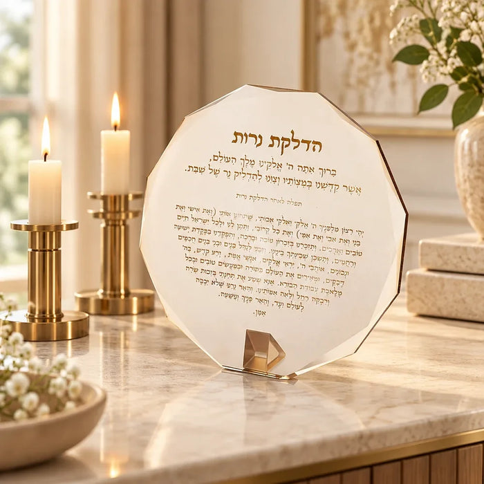 מעמד קריסטל עגול "תפילת הדלקת נרות" 20x20 ס"מ – קריסטל זכוכית באותיות זהב