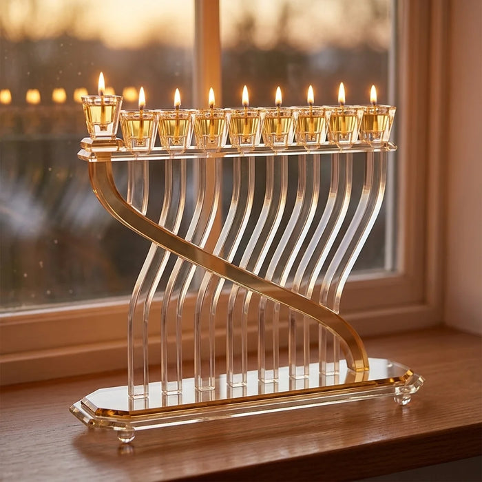 חנוכיית קריסטל מהודרת 29x36 ס"מ – קריסטל שקוף וזהב אצילי