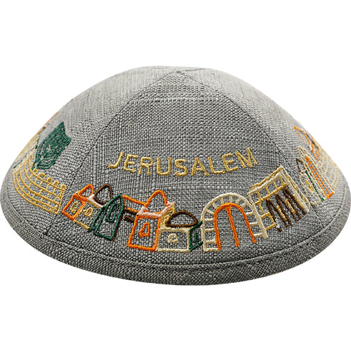 כיפה פשתן עם רקמה "JERUSALEM" 19 ס"מ