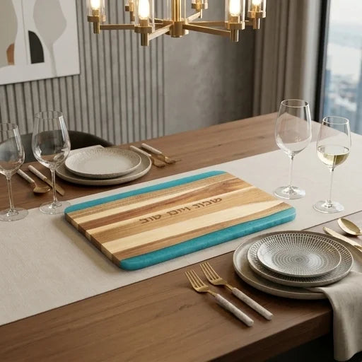 מגש חלה עץ טבעי עם שולי אפוקסי טורקיז וחריטת שבת ויום טוב 41x28 ס"מ
