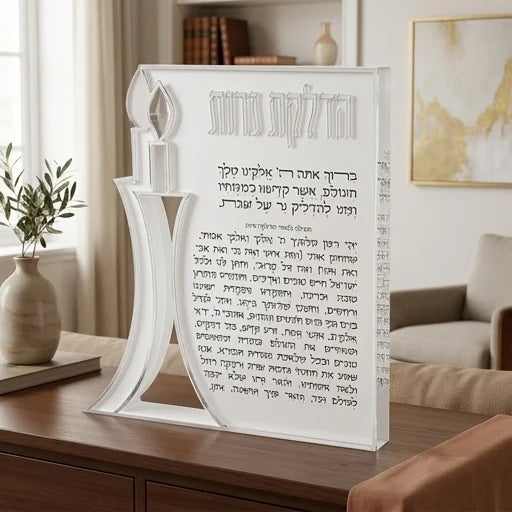 בלוק אקריליק מפואר סדר הדלקת נרות – עיצוב נרות מובלטים בכסף (23x20 ס"מ)