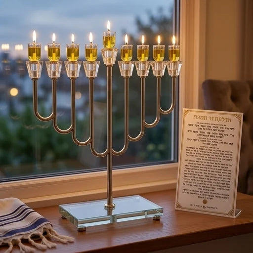 חנוכייה מרהיבה 36x42 ס"מ – מתכת בגימור כסף, קנים מעוקלים ובסיס קריסטל
