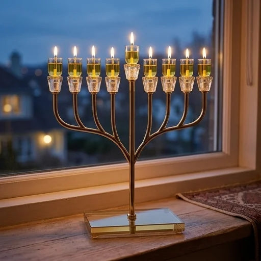 חנוכיית "אור הזהב" 36x42 ס"מ – קנים קימור תחתון ובסיס קריסטל
