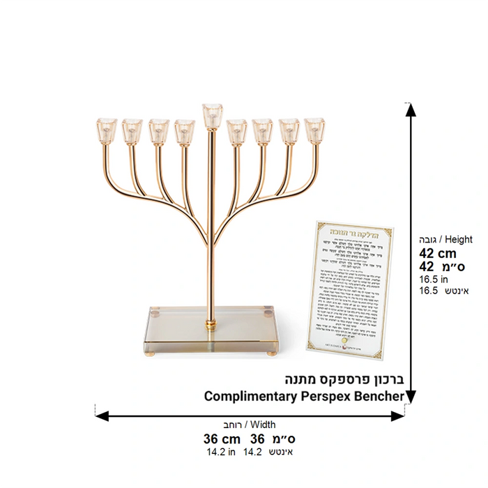 חנוכיית "אור הזהב" 36x42 ס"מ – קנים קימור תחתון ובסיס קריסטל
