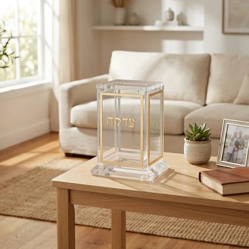 קופת צדקה אקריליק שקוף עם מסגרת וכיתוב זהב 12.5 ס"מ