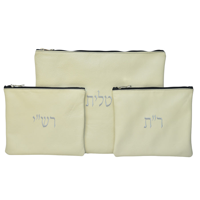 סט תיק לטלית ותפילין רש”י ור”ת עור אמיתי, צבע שמנת בהיר