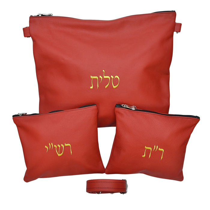 סט תיקי עור אמיתי לטלית ותפילין דגם חב"ד עם רצועה