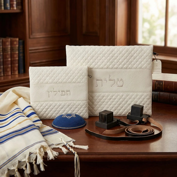 סט טלית תפילין דמוי עור עם ריקמה 36*29 ס"מ