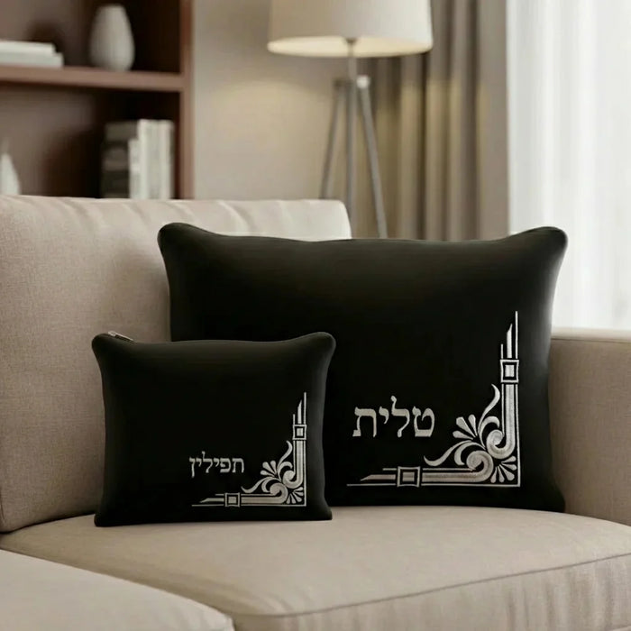 סט טלית תפילין קטיפה כחול כהה עם ריקמה 36*29 ס"מ