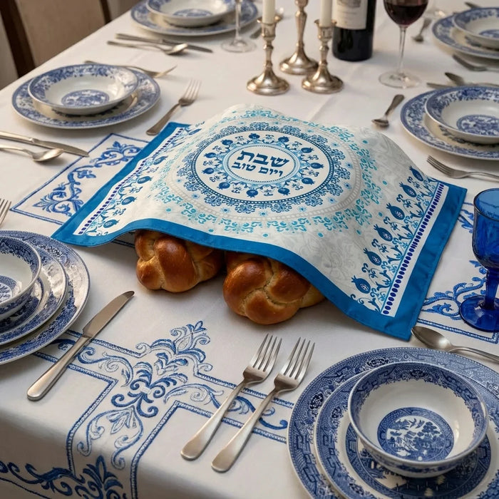 כיסוי חלה בד מהודר מודפס דגם "רימונים כחול" 52X