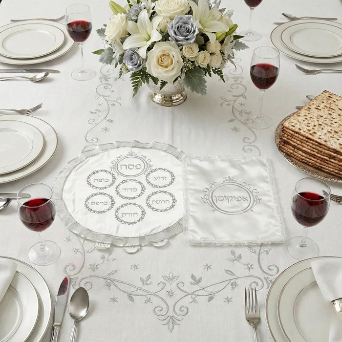 סט פסח מהודר לבן מסטן 2 חלקים "סימני הסדר" עם רקמה