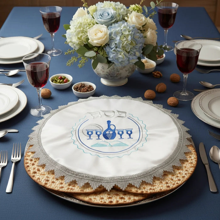 כיסוי פסח סטן עם רקמה כחולה