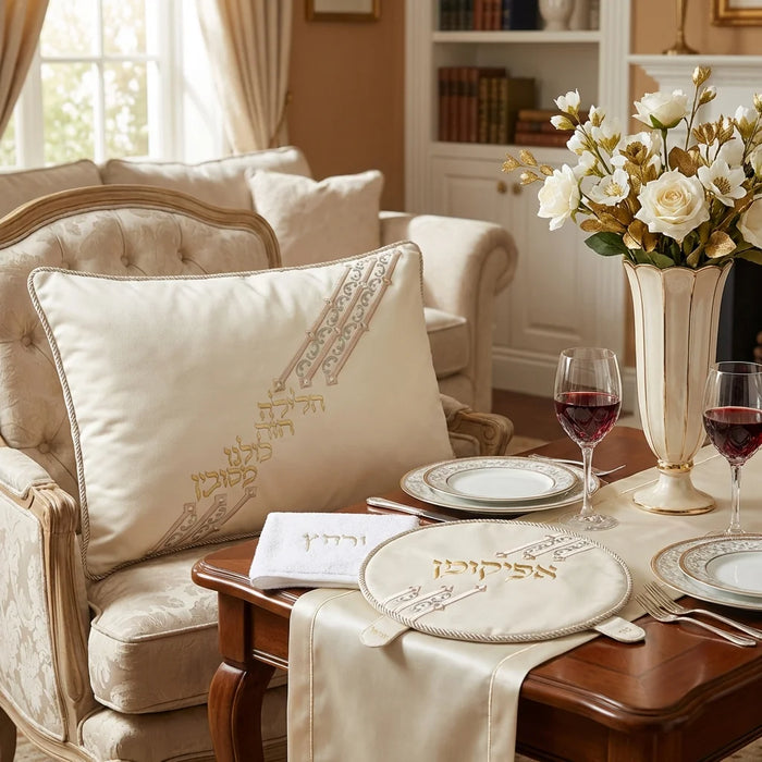 סט פסח מהודר דמוי עור 4 חלקים, מכיל כיסוי פסח, כיסוי אפיקומן כרית הסבה ומגבת