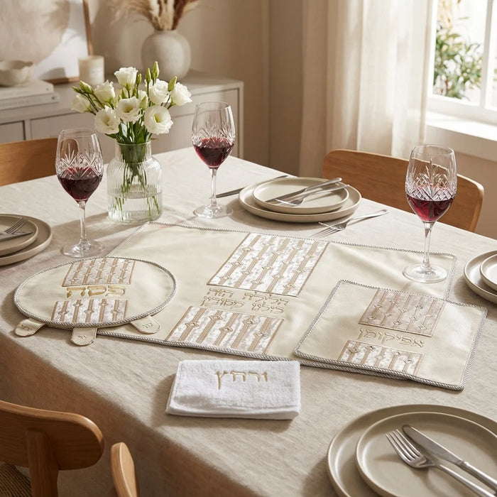 סט פסח מהודר דמוי עור 4 חלקים, מכיל כיסוי פסח, כיסוי אפיקומן כרית הסבה ומגבת