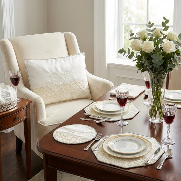 סט פסח ברוקט 4 חלקים הכולל כרית הסבה, כיסוי פסח, אפיקומן, מגבת