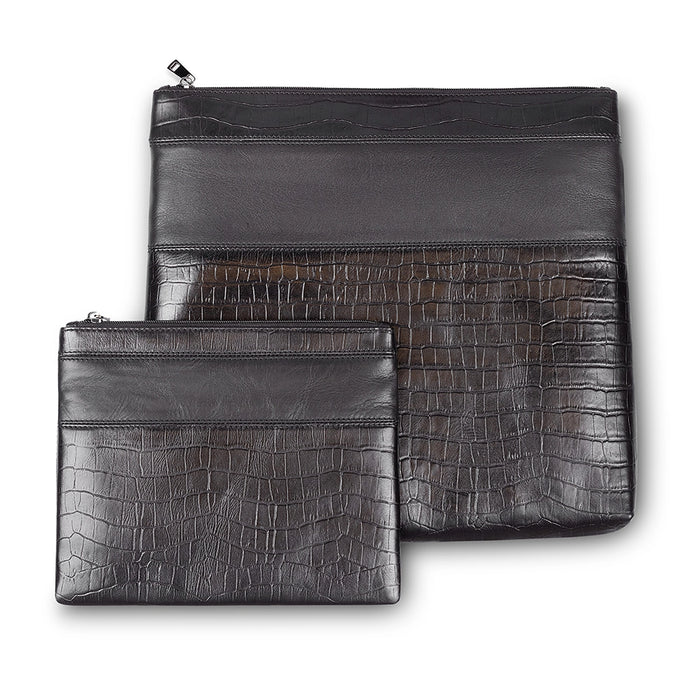 סט תיקי טלית ותפילין מעור אמיתי 36x33 ס"מ – טקסטורת קרוקו שחור