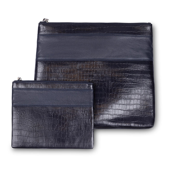 סט תיקי טלית ותפילין מעור אמיתי 36x33 ס"מ – טקסטורת קרוקו כחול-שחור