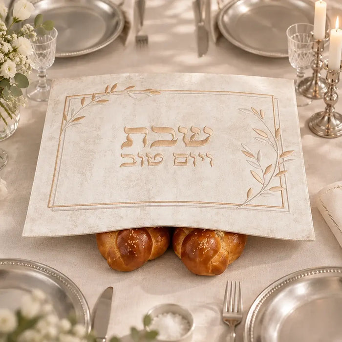 כיסוי חלה מהודר דמוי עור 55x45 ס"מ – גוון שמנת רקמת ענפים