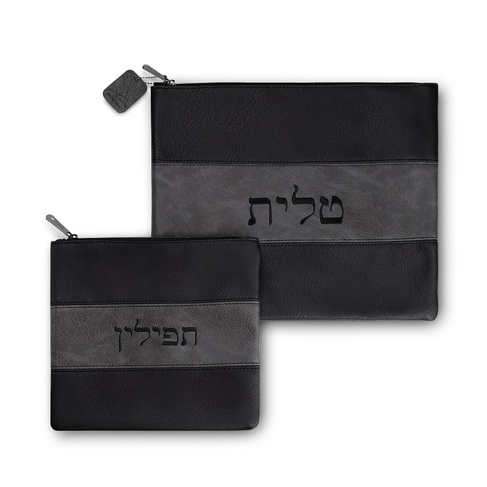 סט טלית תפילין דמוי עור שחור ואפור עם ריקמה 36X29 ס"מ