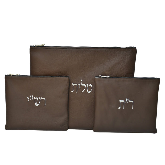 סט תיק לטלית ותפילין רש”י ור”ת עור אמיתי, צבע חום שוקולד