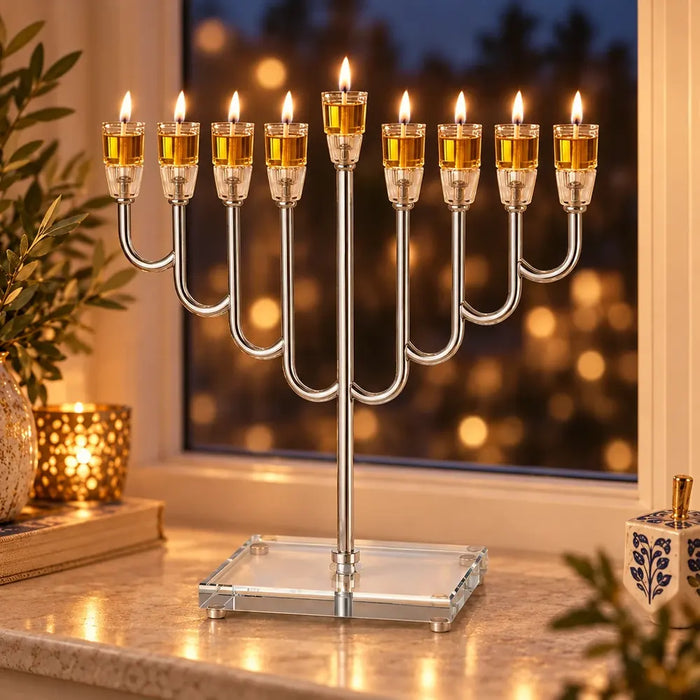 חנוכייה מהודרת 36x32 ס"מ – מתכת בגימור כסף, קנים ובסיס קריסטל