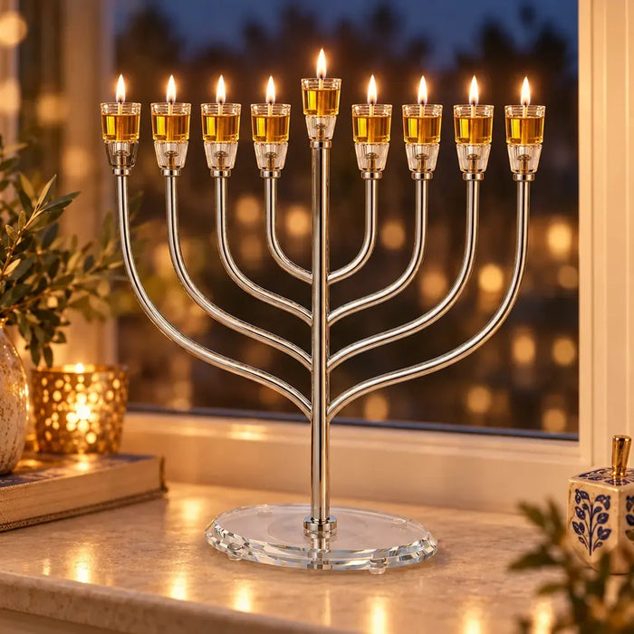 חנוכייה מהודרת 36x42 ס"מ – מתכת בגימור כסף, קנים ובסיס קריסטל