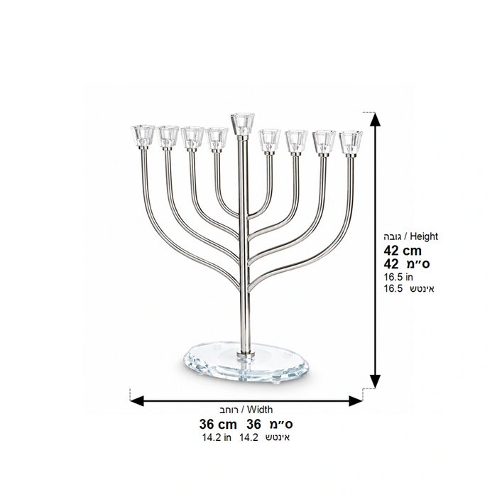 חנוכייה מהודרת 36x42 ס"מ – מתכת בגימור כסף, קנים ובסיס קריסטל